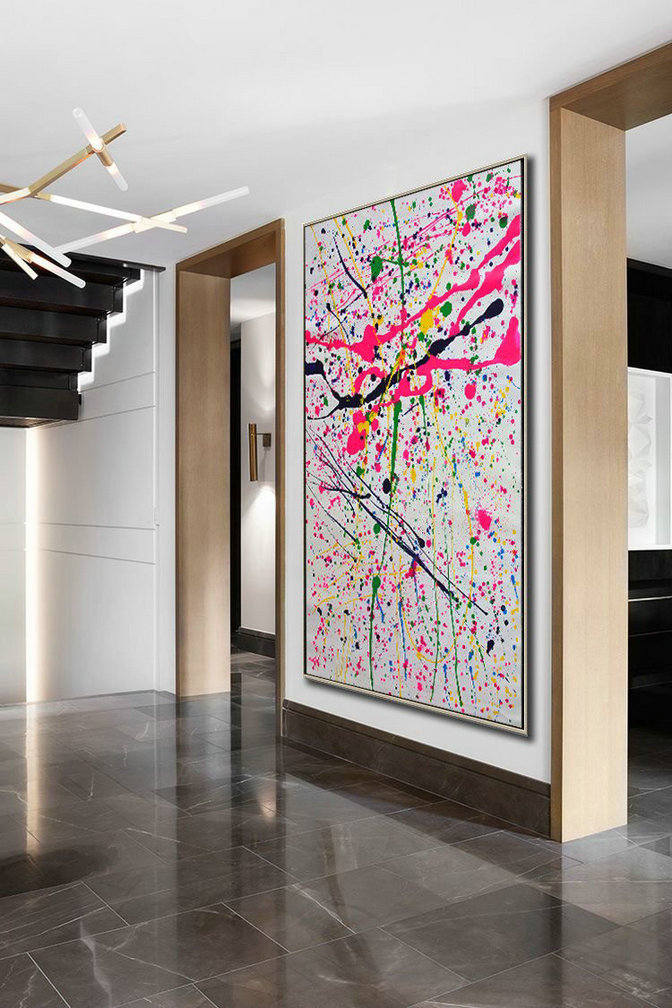 Handmade Large Painting,Vertical Palette Knife Contemporary Art,Modern Paintings On Canvas,Pink,White,Black,Yellow,Green.Etc